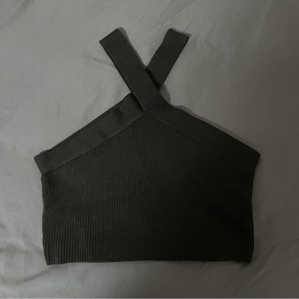 Black Crossover Ribbed Halter Top
